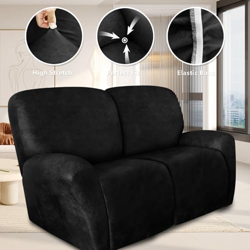 Image of ANARACHON Loveseat Recliner Cover Leather Look Recliner Loveseat Covers Recliner Sofa Cover for 2 Seater Reclining Couch Spandex Fabric Washable 6 Pieces (2 Seater, 02 Black)