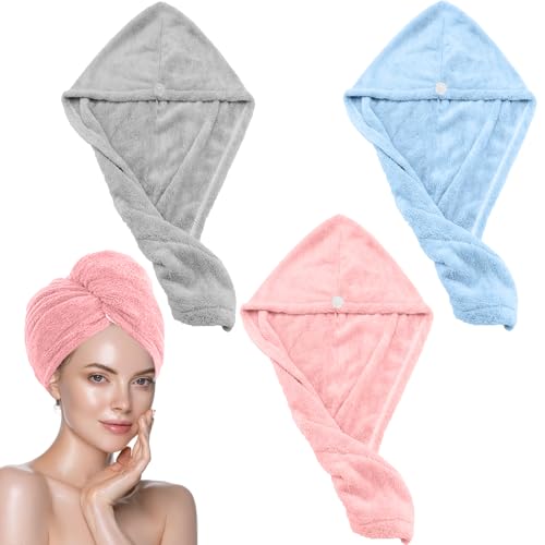 KASURE 3 Pieza Toalla Microfibra Pelo(Gris,Azul, Rosa),Gorras para El Cabello con Botones,Toalla Pelo Secado Rapido et Anti Frizz para para Cabello Largo, Rizado y Grueso
