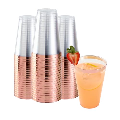 Restaurantware Party Cups 14 oz Pack of 20 Clear Plastic Cups with Rose Gold Rim Disposable Durable Plastic Glasses Cold Food-Friendly Tumblers for Cocktails at Birthday Parties Pool Parties