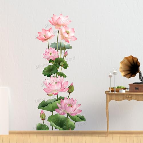 Image of Sticker Yard PVC Vinyl Green Lotus Flower Floral Self-Adhesive Wall Sticker for Home Decor /Decoration - Living Room, Bedroom, Kids Room (Multicolor,Size 41X95CM)