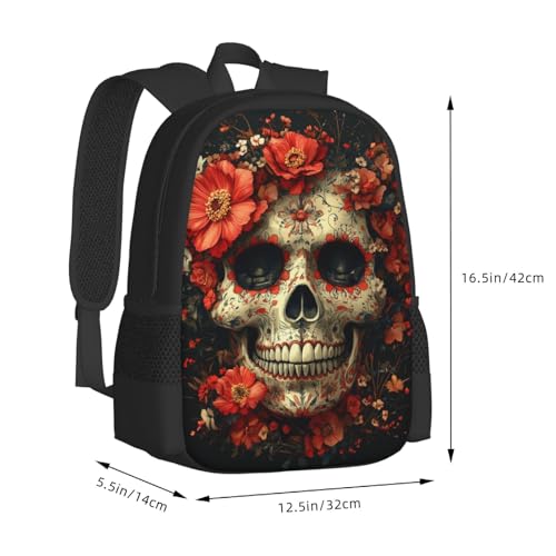 Image of Floral Skull Print Backpack For Men Women Lightweight Daypack For Daily Commutes Business Travel Hiking