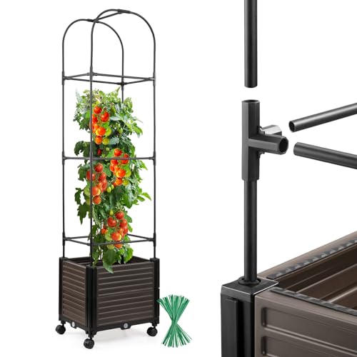 Vtuyet Raised Garden Bed Planter Box with Trellis Outdoor, 70 Inches Self Watering Tomato Planter for Patio, Tomato Cage with Wheels for Climbing Plants Vegetables Flowers Vine