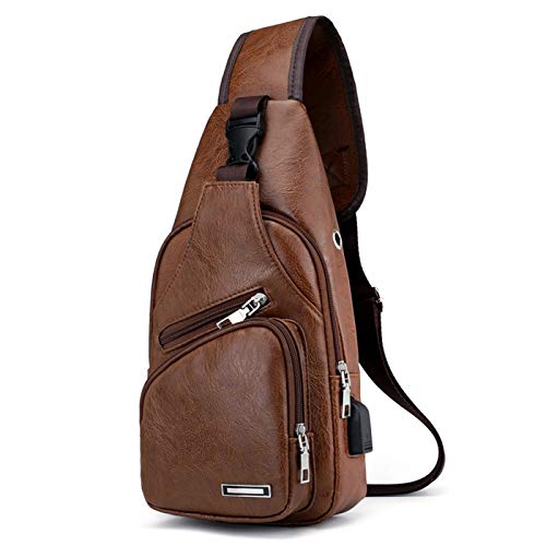 Ksmiley Men's Leather Sling Chest Bag Shoulder Backpack Crossbody Bag Casual Daypack with USB Charging Port for Travel Sport, Brown