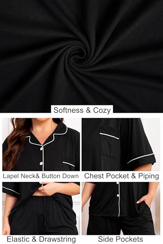 Image of Vozanet Women Plus Size Pajamas Button Down Rayon Softness PJS Classic Sleepwear Short Long Loungewear 2pcs with Pockets