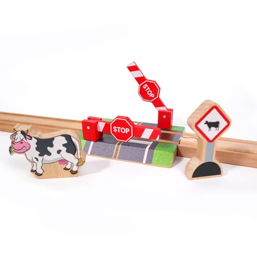 wooden railroad crossing - 3 piece set rail road signal gate wooden sign cow - compatible with all major train brands - railroad toy train track accessories - zany trains - train track