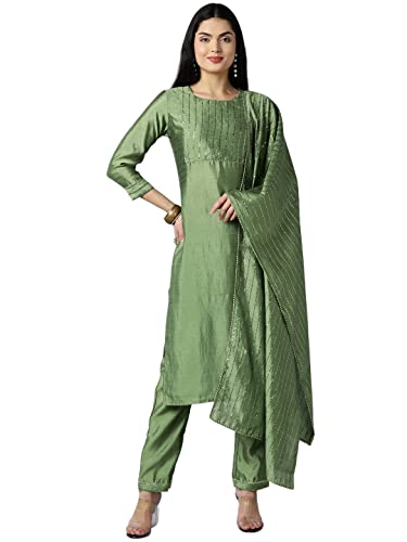 Image of Vaamsi Women's Poly Silk Embellished Solid Straight Kurta Pant with Dupatta