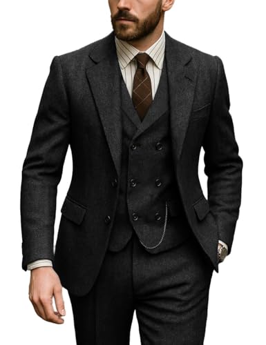 Men's 3 Piece Blazer Sets Vintage Tweed Herringbone Tuxedos Slim Vest Pants Wedding Groom Prom Jacket