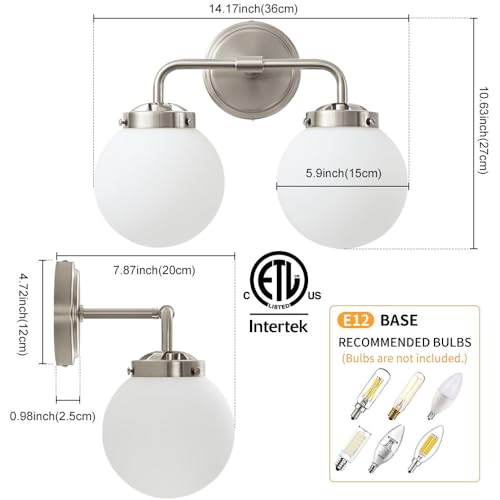 Image of Bathroom Light Fixtures 14in 2-Light Brushed Nickel Vanity Light for Mirror | Bathroom Lighting Fixtures over Mirror, ETL, Brushed Brass Wall Sconce, Dimmable E12 Base Max 60W, Milky Glass Ball Shades