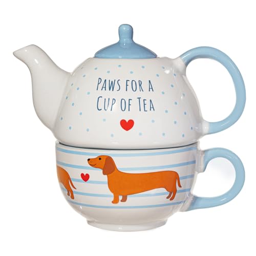 Sass & Belle Sausage Dog Tea for One - Porcelain Teapot Set with Mug Cute Dachshund Design Afternoon Tea Set Gift for Mum, Kitchen Accessory Designed by Sass and Belle