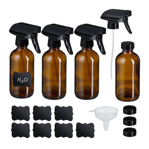 Relaxdays Sprühflasche Glas 4er Set 250ml Nebel & Strahl Wassersprüher für Haare Reinigung Pflanzen braun/schwarz.