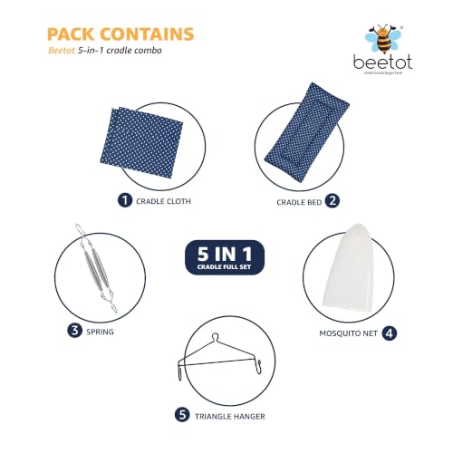 Image of Premium Swing Cradle Set | Cradle Cloth, Padded Bed, Mosquito Net, Heavy-Duty Spring & Triangle Hanger | Up to 15 kg | Dark Navy Dot