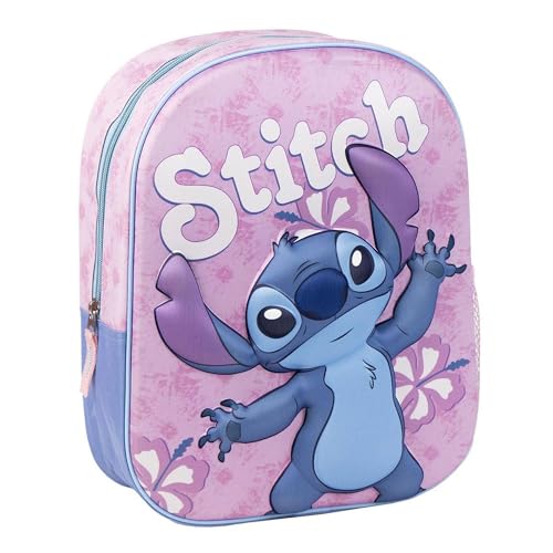 Mochila Infantil 3D de Stitch - Color Rosa - 25x10x31 cm - Fabricada en Poliéster y EVA - Con Cierre de Cremallera - Estampado de Stitch - Producto Original Diseñado en España