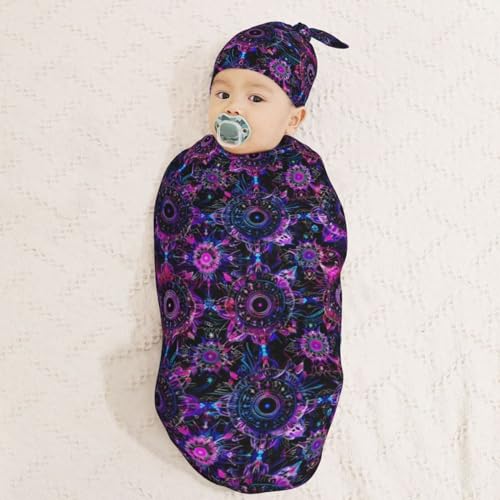 Image of Neon Bohemian Mandala Newborn Swaddle Blankets Hat Sets Soft Baby Receiving Blanket Swaddle Sack for Baby Shower Infant Boy Girl Gift