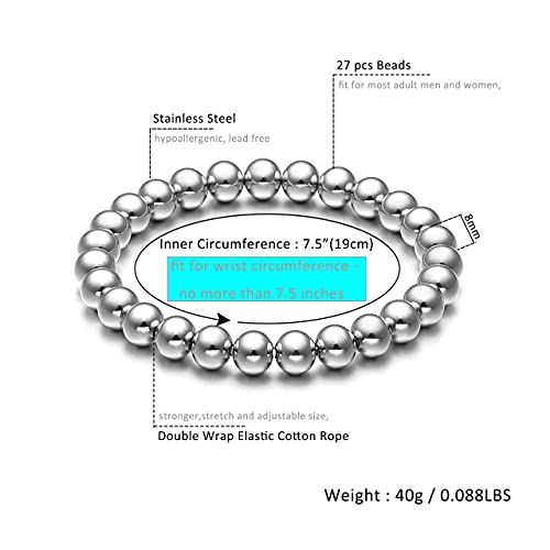 Jovivi Mens Womens Stainless Steel 8mm Silver Gold Round Ball Beads Beaded Elastic Bracelet2