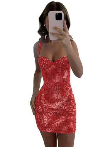 Dessiny Red Mini Homecoming Dresses Tight for Teens Spaghetti Straps Short Sparkly Sequin Corset Mini Dress Bodycon Short Graduation Dresses US8