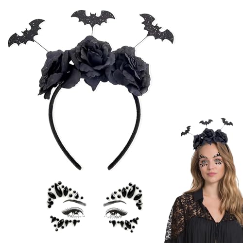 Diadema Halloween Mujer con Flor Negra y Murciélago | Accesorio Elegante para Fiestas, Cosplay o Carnaval | Juego de Diademas Terroríficas + Pegatinas de Joyas Brillantes (Estilo Moderno)
