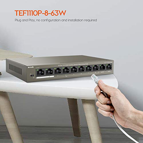 Tenda TEF1110P-8-63W PoE Switch con 10 Puertos Ethernet 100M, 8 Puertos PoE hasta 30 W cada uno y 58 W totales, Protección contra Rayos 6 kV, Plug and Play miniatura 6