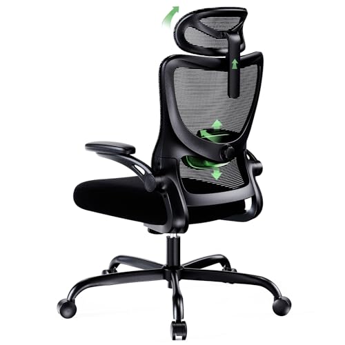 Marsail Silla Oficina Ergonómica, Silla Escritorio Ergonómica con Reposacabezas 2D Ajustable, Soporte Lumbar 2D, Reposabrazos Plegables 3D, Ajuste de Altura, Silla Oficina Giratoria hasta 136 kg