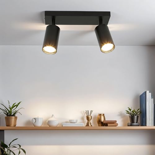 Licht-Erlebnisse Foco de techo acero inoxidable aluminio negro oficina cocina 25 cm GU10 2 luces dirigido flexible pequeño foco de techo salón LEO