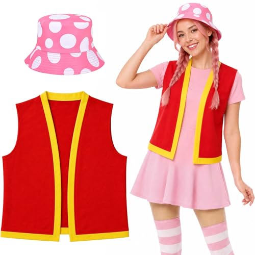 JcHrmers 2 Pcs Halloween Mushroom Costume Spotted Mushroom Hat Vest for Adult Women Halloween Cosplay Funny Party Dress up Accessories (Red)