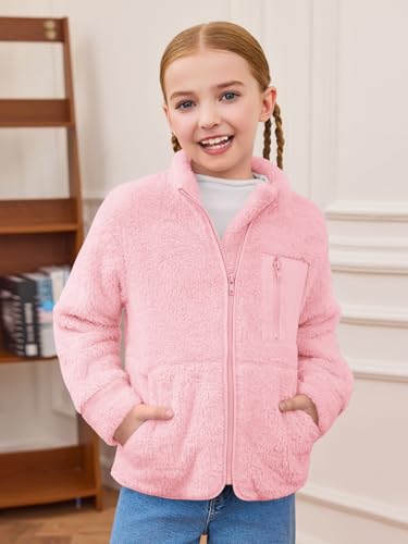 Haloumoning Girls Fuzzy Fleece Jacket Kids Sherpa Zip Up Fall Winter Coat Outerwear with Pockets 5-14 Years2