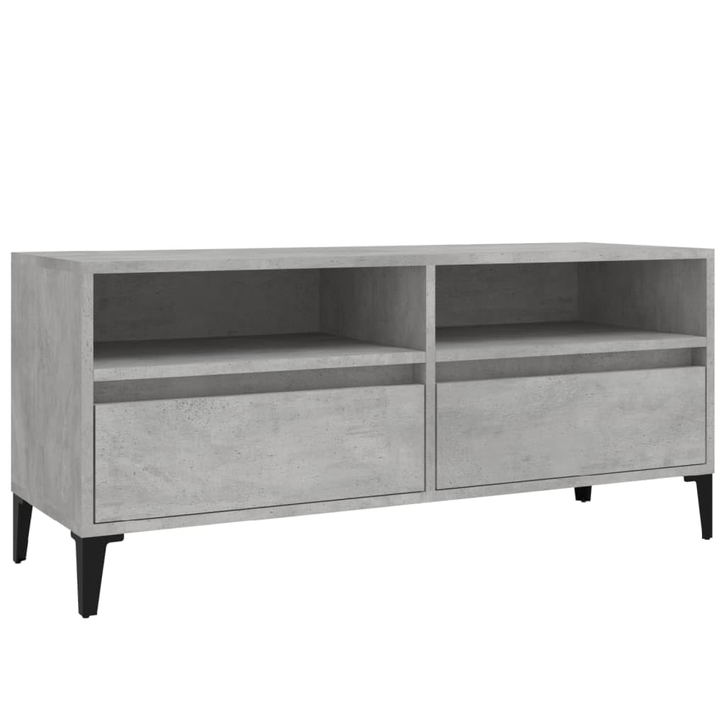 Meuble TV gris béton 100cm en bois et métal, table basse multimédia avec rangements pour salon
