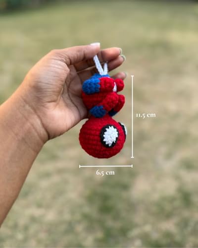 Image of Handmade Crochet Spiderman Car Charm, Red and Blue, 11.5cm x 6.5cm, Gift for Him
