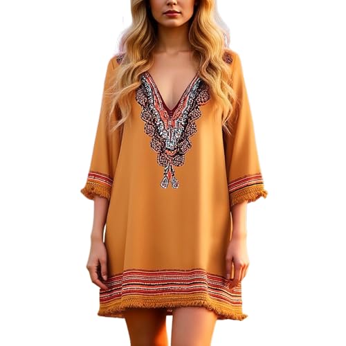 Robe d'été bohème pour femme avec broderie ethnique à manches longues