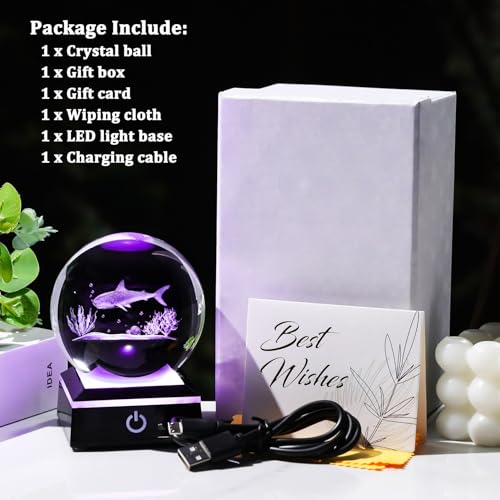 Image of Arikyrist 3D Crystal Ball Shark Figurine with Colorful Light Base, Shark Gifts for Shark Lovers Women Men on Christmas Birthday, Laser Engraved Glass Shark Ornament Globe for Home Office (80mm)