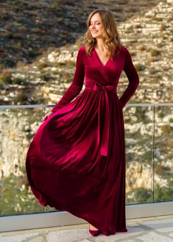 Women's V Neck Long Sleeve Bridesmaid Dresses with Pockets Long Pleats Velvet Formal Dress4