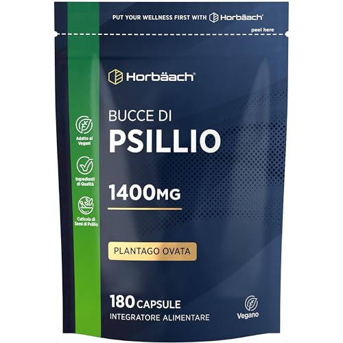 Psillio Capsule | 1400 mg | Buccia di Psillio in Polvere | Alto Dosaggio | 180 Capsule Vegane per 3 Mesi | Integratore di Fibre | Prebiotico Naturale | Psyllium Husk | Horbaach