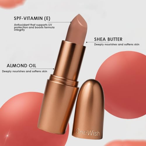 Image of One Wish Creamy Matte Lipstick Long Lasting for Women - Latte Love Shade 06 | Full Coverage | Creamy Formula | No Flaky Lips | No Dryness | Vitamin E, Almond Oil & Shea Butter for Moisturising Lip | 8 Hrs Lasting | Smooth Finish | 3.8 gm