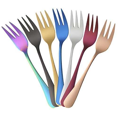 Fourchette Dessert, Ensemble de 7 fourchettes à gâteau Acier Inox Colorée Fourchettes à Fruit Table Fork Mini Fourchettes pour Salade de Fruits Apéritif (7 couleurs, 14 x 2, 2 cm)