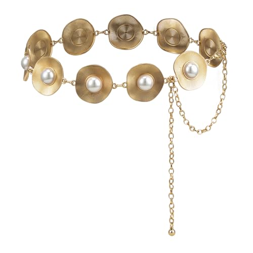 ILuvatar Womens Metal Chain Dress Belt Punk Fashion Circle Sweater Belt Decorated Skinny Waist Belt gold Vintage pearl flower belt