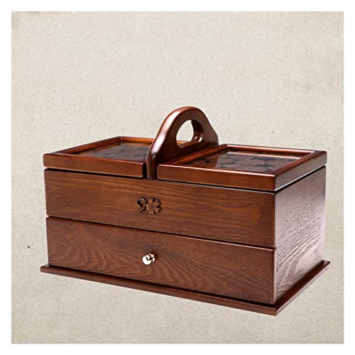 Kit de couture boîte en bois extensible avec poignée et paniers à compartiments