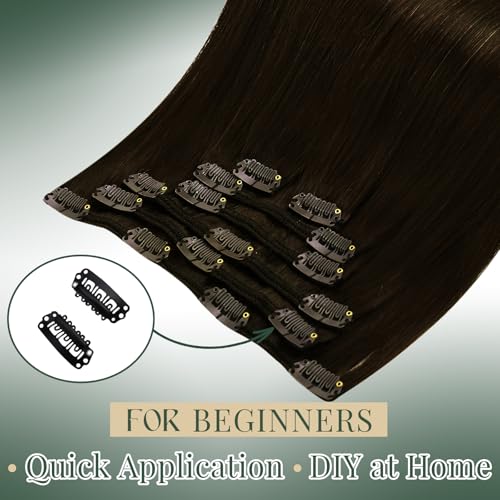 Image of Ugeat 22 Inch Clip in Hair Extensions Real Human Hair Dark Brown 7pcs 120g | Seamless Hair Extensions Clip in , Easy to Apply