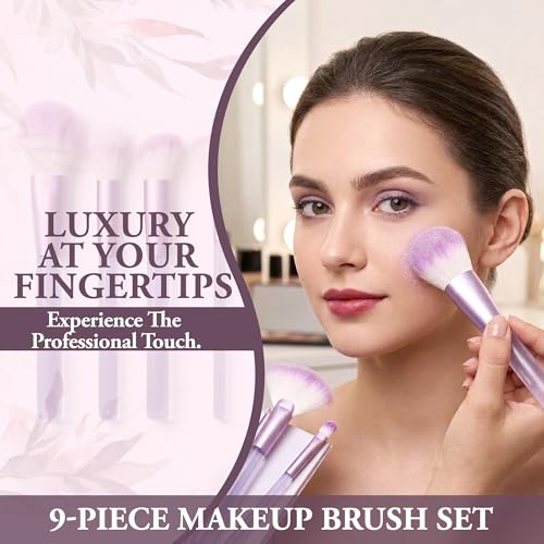 Image of GLUN 9in1 Diff Use Mini Makeup Brush Set, Travel Transparent Purple Professional Brushes for Foundation, Concealer, Blush, Highlighter & Eye Makeup