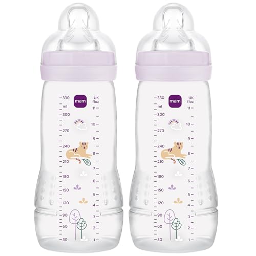 MAM Easy Active Bottles | 2 Pack (2 x 330ml) | Fast Flow MAM Teats Size 3 | Baby Accessories | Lilac (Various Designs)