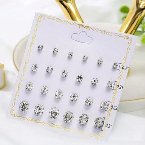 Image of Earring Set for Women and Girls Artifical Jewelry Silver Color Round Crystal Zirconia Stud Earring for Ear-tops /Kaan Ke top Earring for Birthday & Anniversary Gift pack of 12pairs