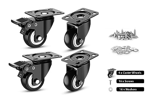 Image of 2 Inch Heavy-Duty PU Rubber Furniture Castor Wheels, 360 Swivel Caster Wheels with 2 Brakes & 2 Without Brakes for Furniture, Trolleys & Beds 400 kg Load Capacity (Black, Pack of 4)