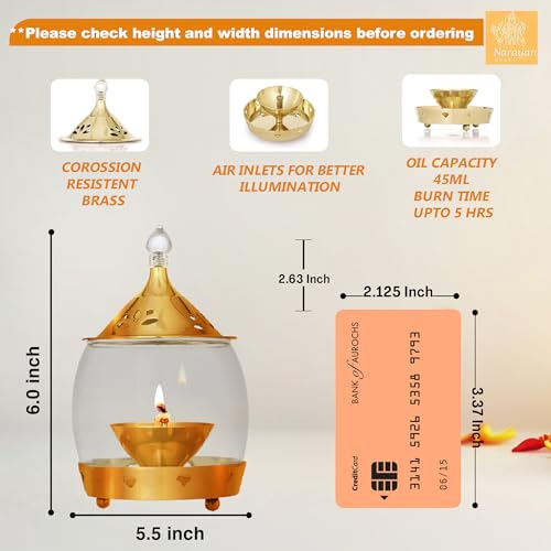 Image of Brass Akhand Diya with Borosilicate Glass Cover and Oil Lamp for Home, Office, Puja, Mandir, Decorative Lantern Diya with Shade Cover for Prayer
