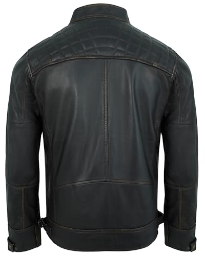 Image of Leather Jacket Men - Real Lambskin Motorcycle Jacket with Snap Tab Collar, Adjustable Waist & Zippered Pockets