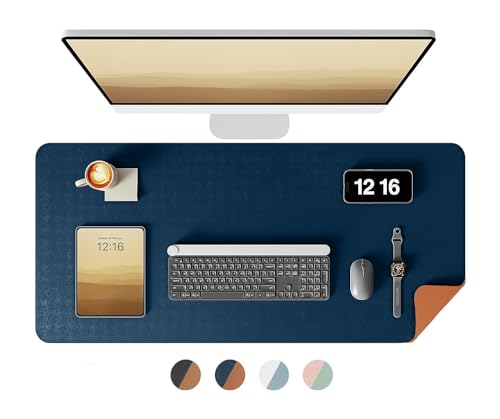Image of Bellblock Large Extended Reversible Desk Mat /Mouse Pad /Gaming Pad for Office /Home| Vegan Leather | Anti-Skid, Slip-Resistant, Splash-Proof | Blue & Tan | 90x45cm