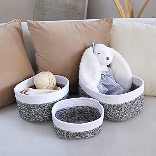 LA JOLIE MUSE Cotton Rope Storage Bins, Stackable Multipurpose Organizer Basket,3-Pack, White and Gray