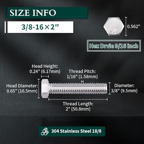 Image of 3 /8-16 x 2 Hex Head Bolts Screws, 304 Stainless Steel 18-8, Fully Threaded, Hexagon Head Cap Bolts Screws, Coarse Thread UNC, 10 PCS