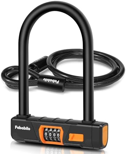 Febabilo Bike Locks Heavy Duty Anti Theft, Combo Bike U Lock, 4-Digit Resettable Combination E-Bike Large U Shaped Lock with 5Ft Steel Cable for Electric Bike, Bicycle, Escooter, Motorcycle,Door