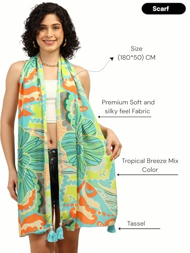 Image of KE KANHA EXPORTS Scarf for Women Boho | Border Print Stylish | Stole for Women Breathable Summer Beach Wrap with Tassels | Multicolour |180 x 50 cm FREE Scrunchie Included
