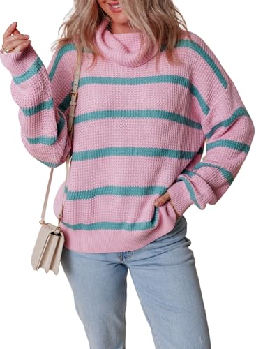 Dokotoo Fall Sweaters for Women 2024 Fashion Long Sleeve Striped Pullover Sweater Tops Womens Fall Casual Loose Color Block Chunky Knit Turtleneck Jumpers Top Pink Medium