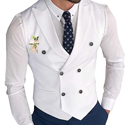 Men's Formal Waistcoat Wedding Herringbone Classic Solid Double Breasted Waistcoats for Party Business Dress Suit Vest (Color : White, Size : Small)