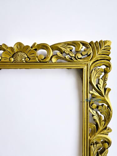 Image of Rectangular Wooden Mirror Frame for Wall Decoration | Wall Mount Frame for Bedroom & Living Room | Solid Mango Wood | Antique Gold Finish | 4 x 2.5 Feet | Mirror Not Included